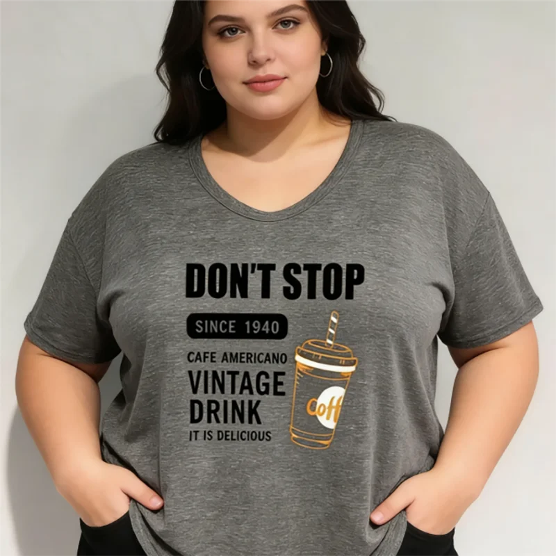 Plus size 40-150kg coffee print oversized t shirt women casual loose u neck short sleeve graphic tee soft summer tops