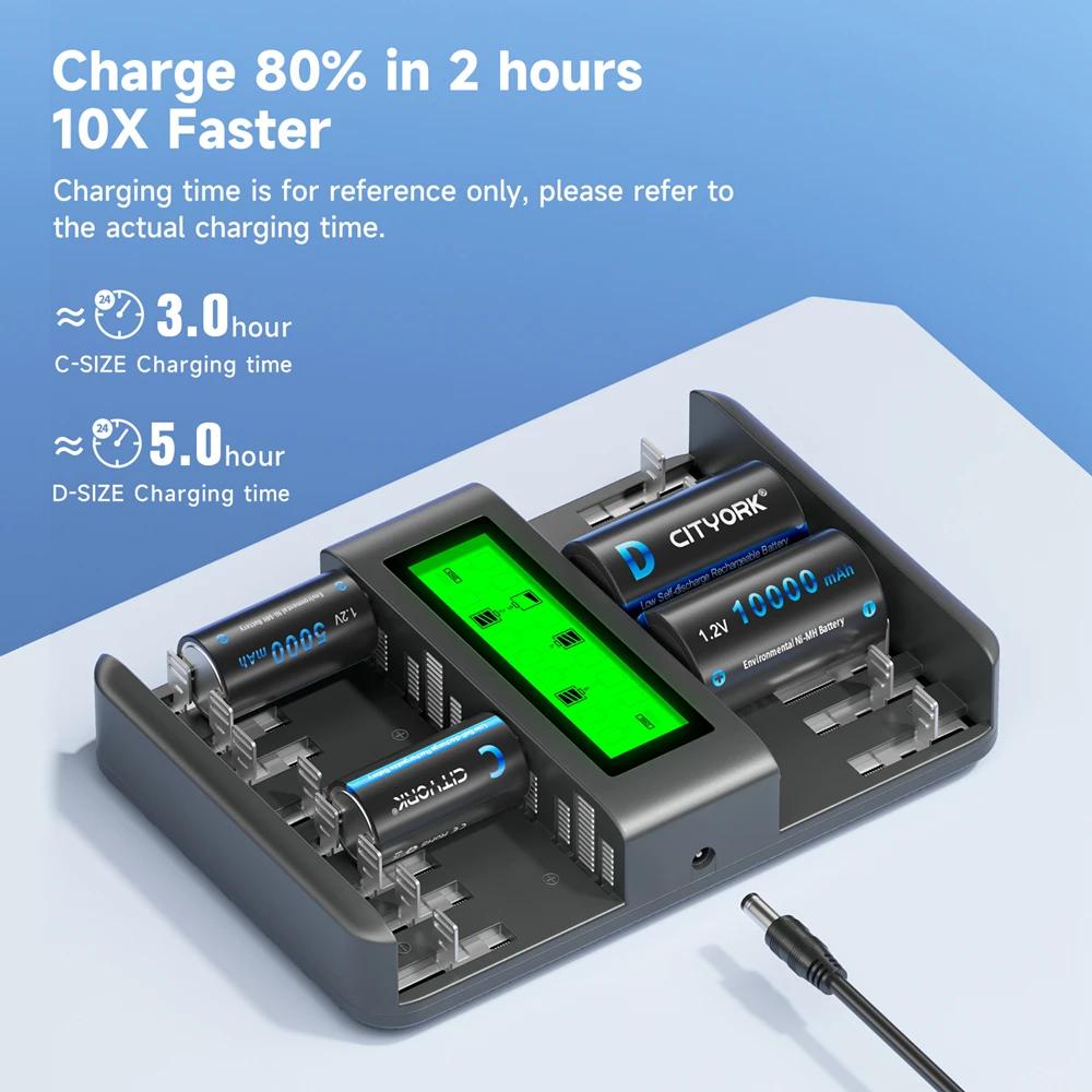 CITYORK C size rechargeable battery 1.2V 5000mAh NI-MH R14 C Cell battery+1.2V Ni-MH Battery 16-slot LCD charger for AA AAA C D