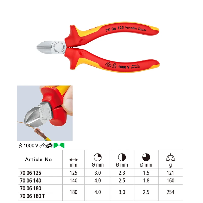 KNIPEX Diagonal Cutter 1000V-insulated (125/140/160/180mm) No.70 06 125/140/160/180