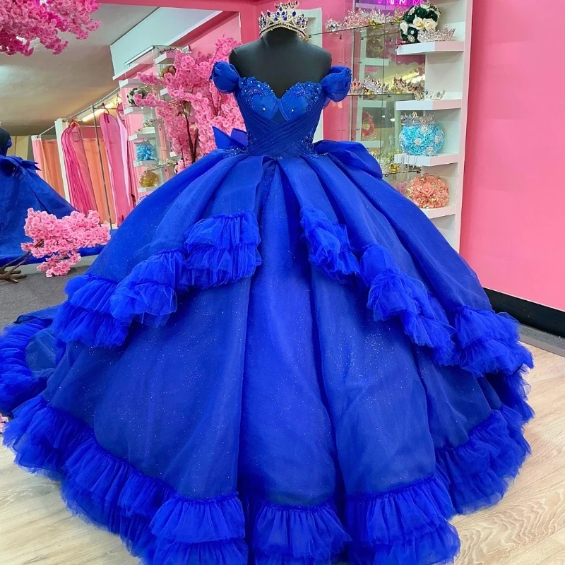 

Customized Royal Blue Quinceanera Dresses Ball Gown Off The Shoulder Applique Beads Bow Tull Tiered Party Birthday Sweet 16 Vest