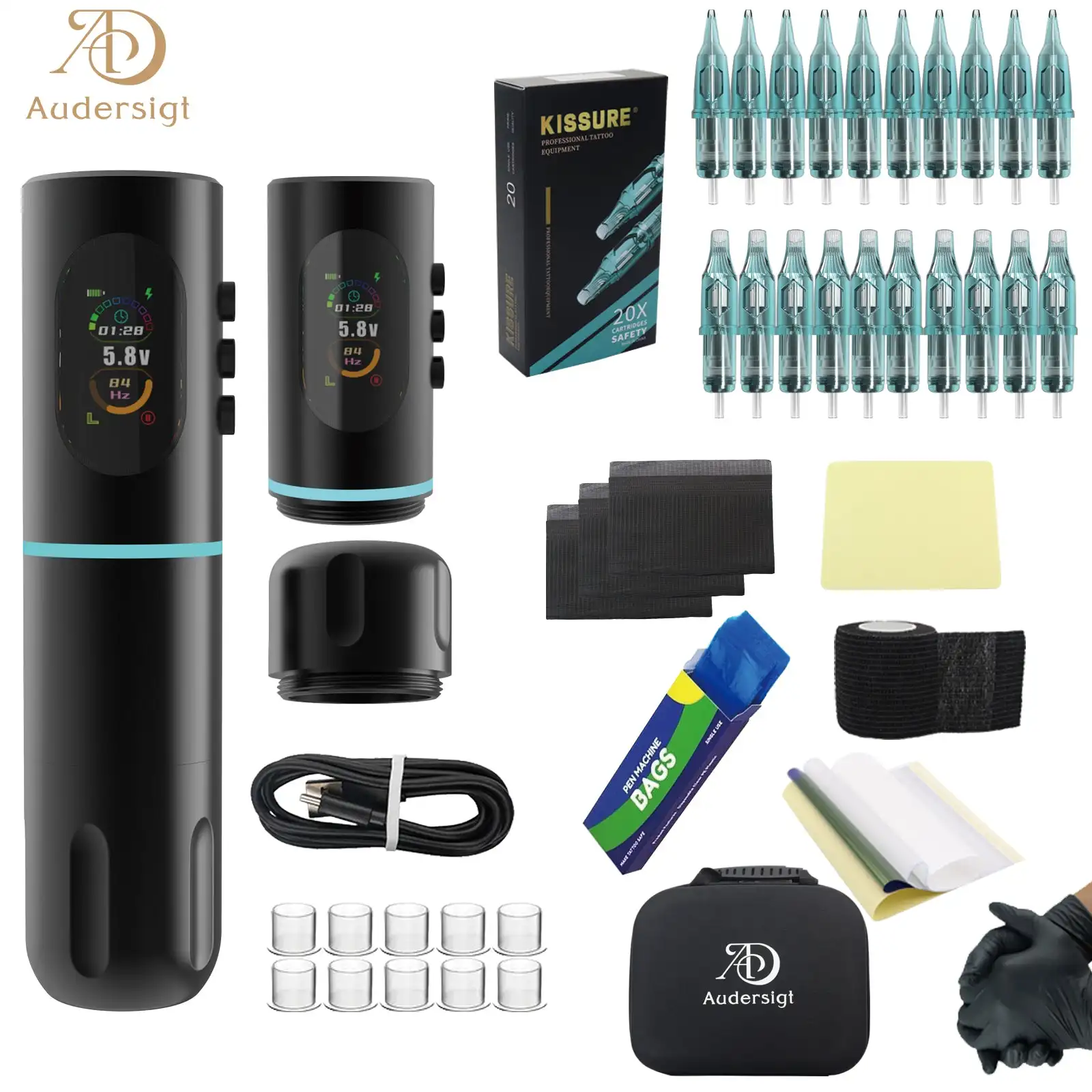 Audersigt Wireless Tattoo Machine Pen Kit Rotary Tattoo Pen with 20pcs Cartridge Needles Ink Set Transfer Accessories