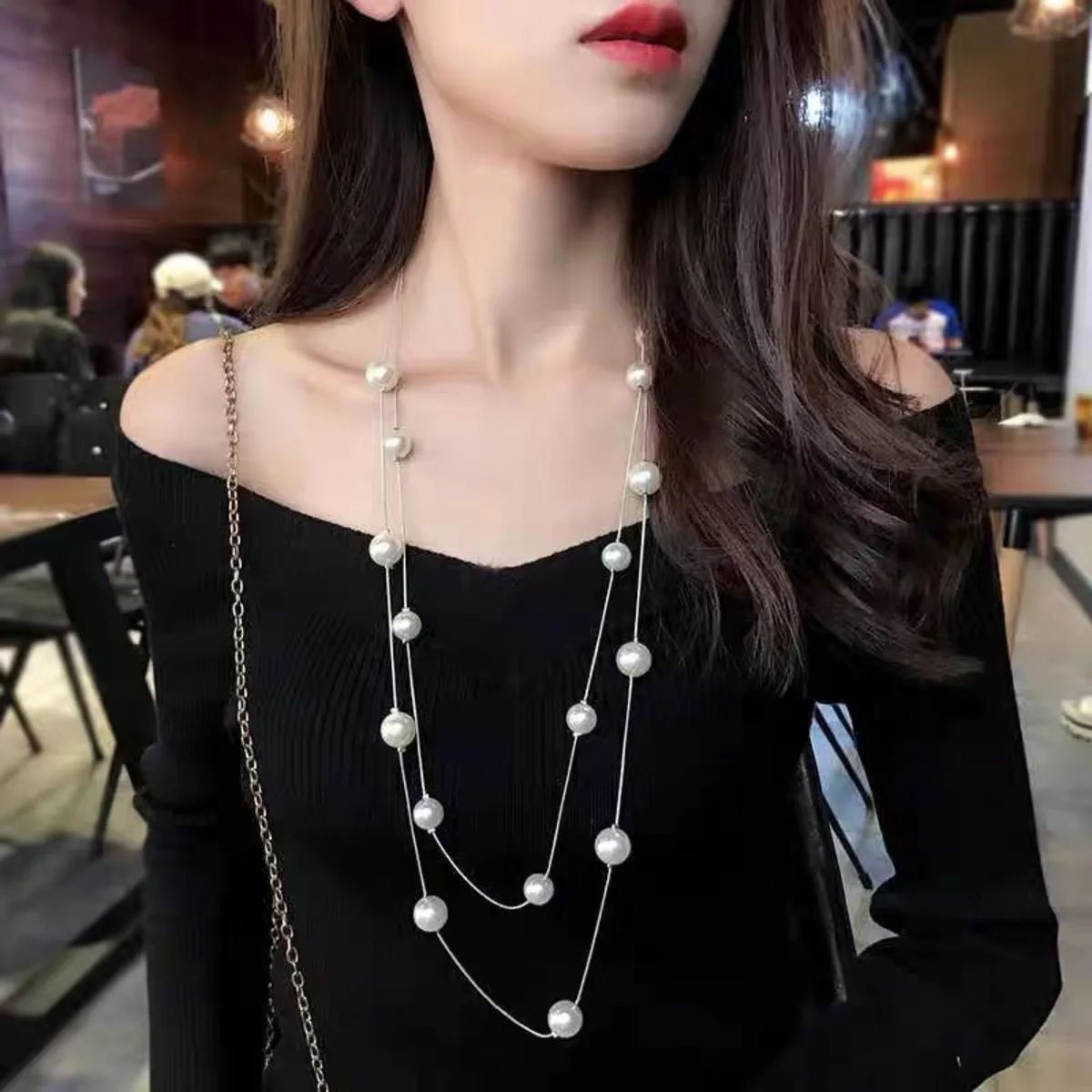 Double Layer Imitation Pearl Necklaces Women Adjustable Korean Version Metal Accessories Jewelry Sweater Chain image 2