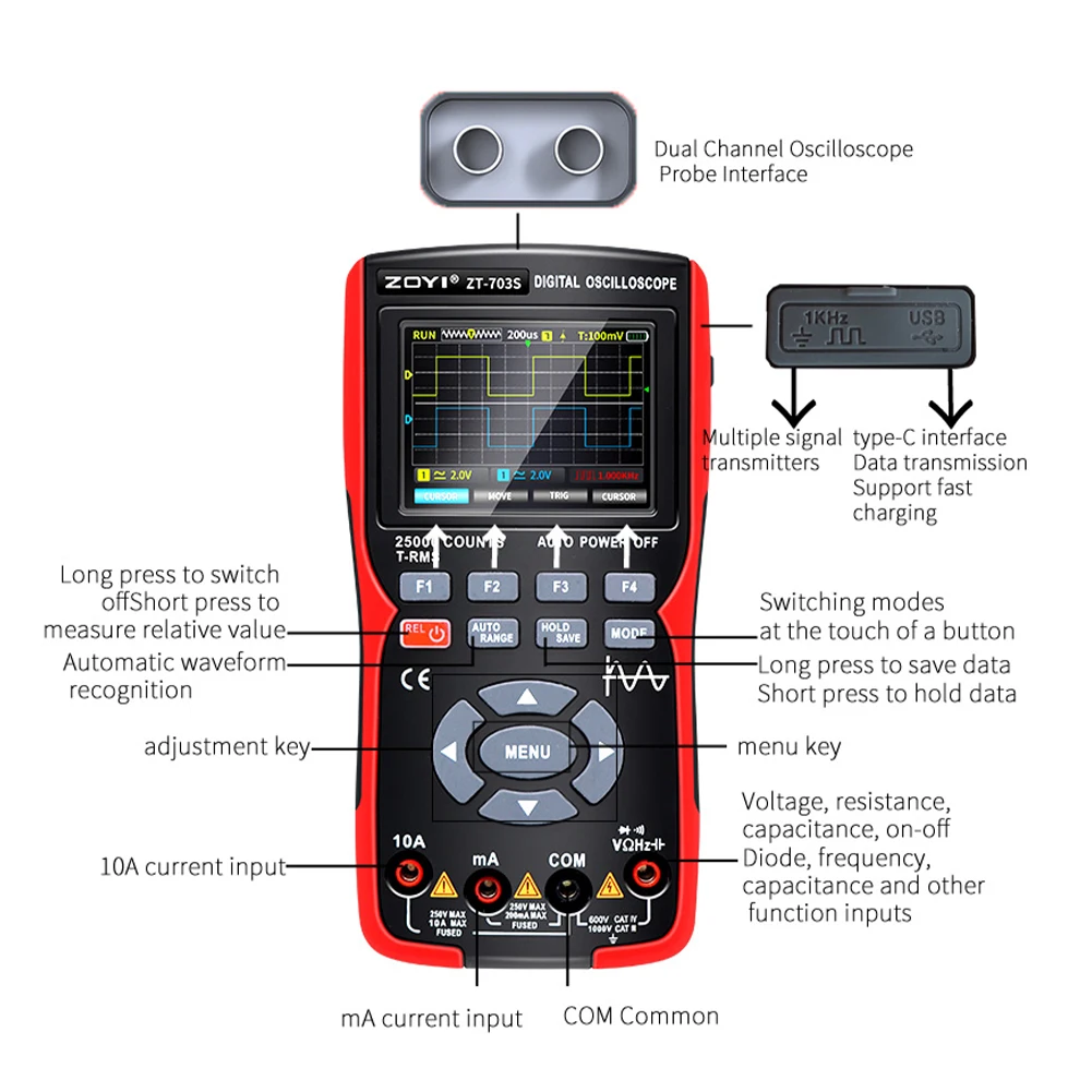 3in1 Digital Multimeter 50MHz Bandwidth 280MS Sampling Rate PC Waveform Data Storage Dual Channel Oscilloscope Signal Generator