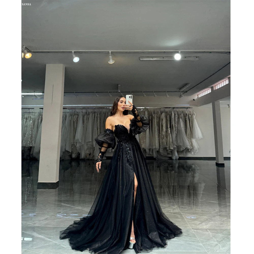 

Черное платье трапециевидной формы Sansa для выпускного вечера с разрезом по бокам и v-образным вырезом, расшитое пайетками и аппликациями, Vestidos De Noche, торжественное платье длиной до пола 2026