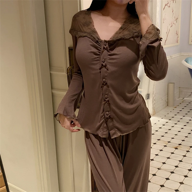 Spring and Autumn Women\'s Lace Simple Cotton V-neck Sexy Pajamas Warm Winter Long Sleeve Pants Set Pajamas Home Clothing