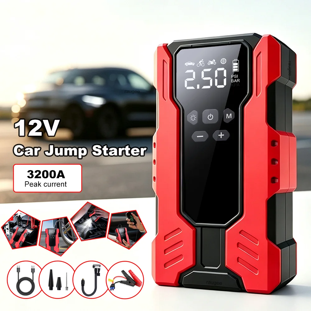 Avviatore di emergenza per auto 3200A, avviatore portatile per batteria auto, booster di emergenza per auto, gonfiatore per pneumatici 150PSI, pompa ad aria, power bank portatile per avviatore di