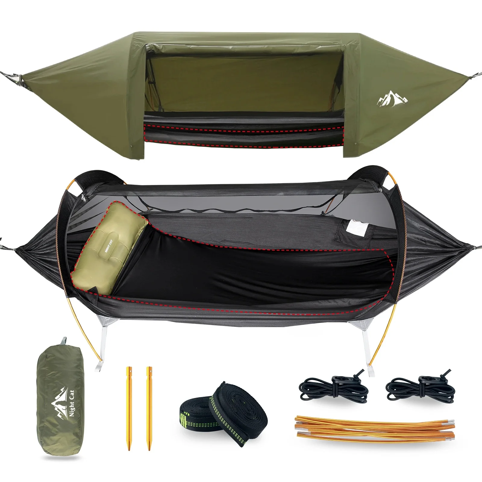 Hangmat Solo Camping met regenvlieg en insectennet Hangmattent met opbergvak voor slaapmatje Groen/Camo - afbeelding 2