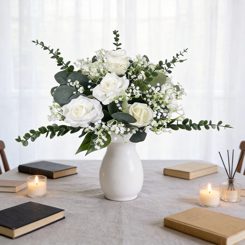 

40cm White Rose Artificial Flower Arrangement with Baby Breath & Eucalyptus for Wedding Centerpieces Home Decor