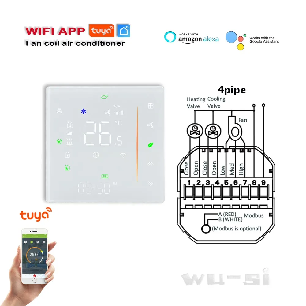 Alexa Tuya-Termostato para Aquecimento e Arrefecimento, Fan Coil, Wi-Fi, Controlador de Temperatura HVAC, 2Pipe, 4Pipe, 24V, 90-240V Opção