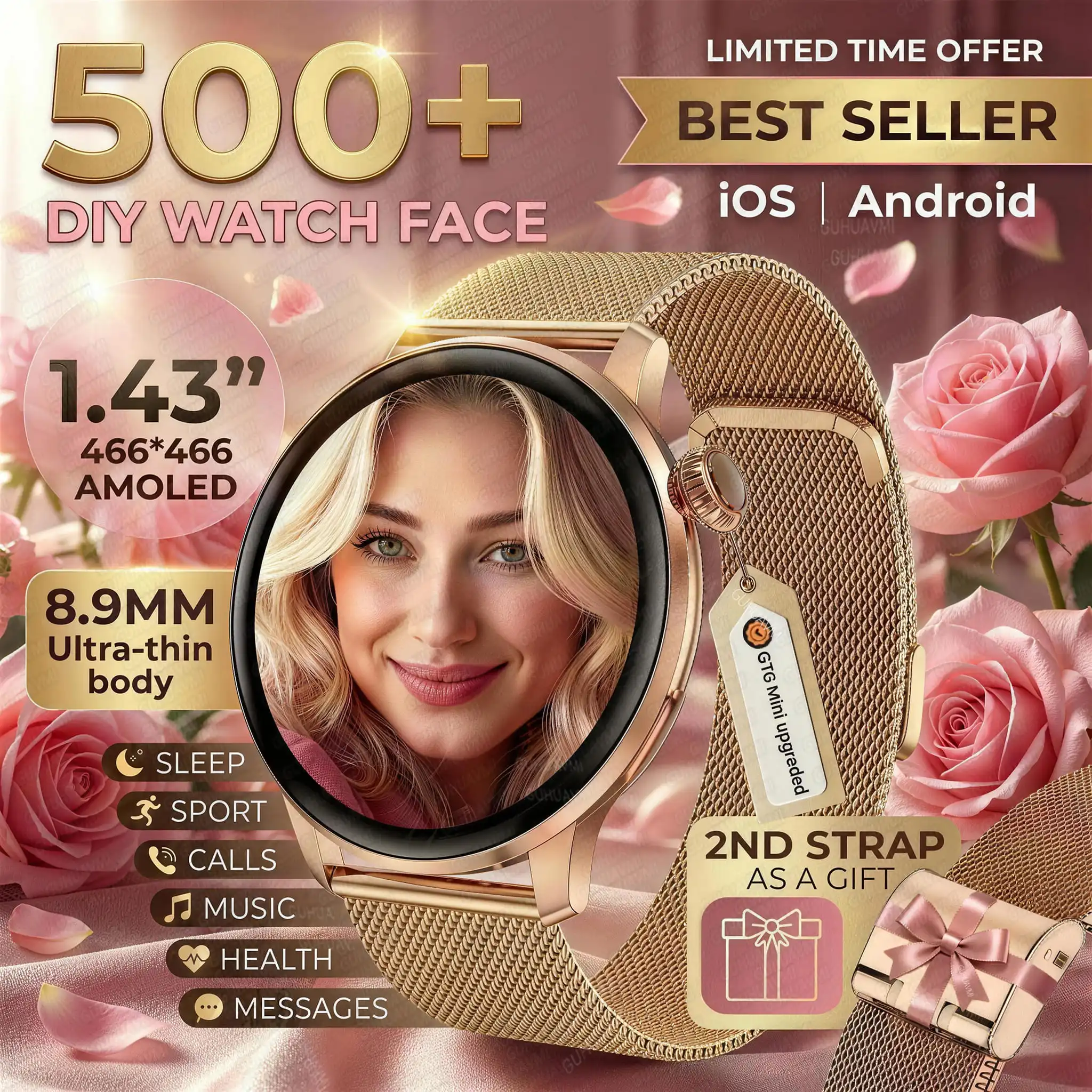 New Ultra-thin 8.9mm Lady Smart Watch 500+ Custom Dial Voice Call GPS Sports Watches Heart Rate Waterproof Bracelet Women's Gift
