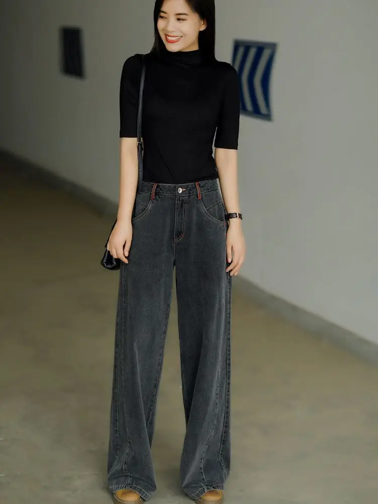 Black Straight Vintage Jeans Women\'s 2021 y2k Streetwear Denim Trousers Female Office High Waist Mom Drape Wide-leg Pants