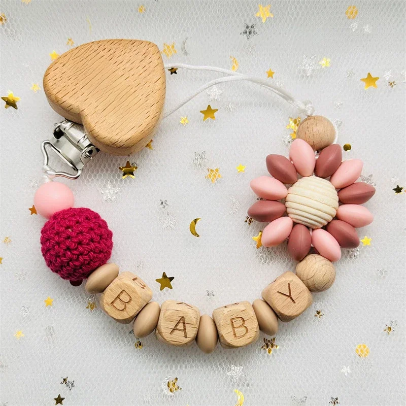 Anneau en bois de perles de Silicone avec nom personnalisé, Clips de sucette, chaînes de dentition sûres, anneau de dentition pour bébé, porte-Clips factices en hêtre écologiques