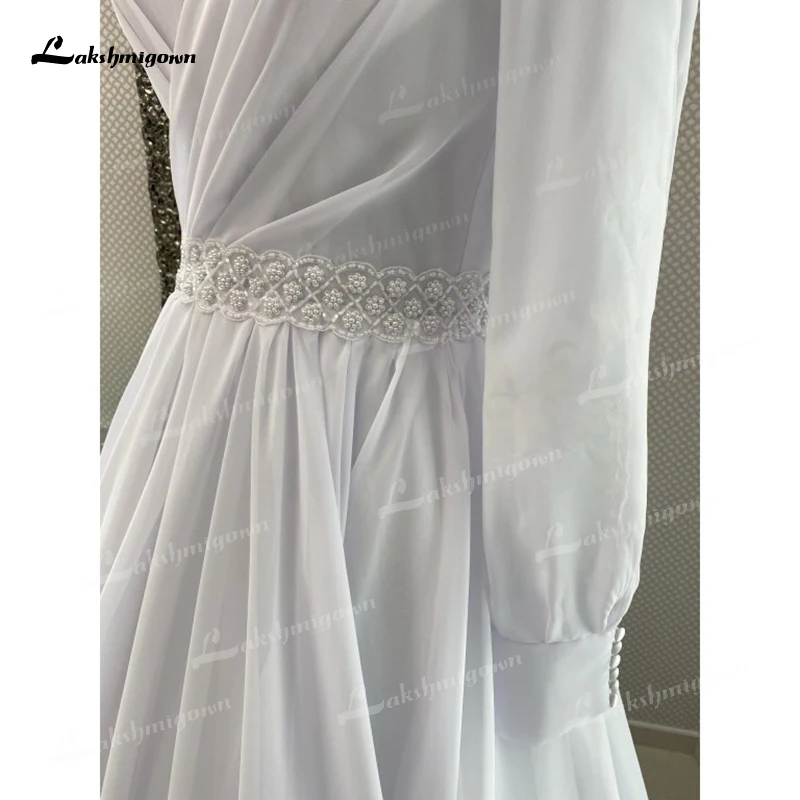 Boho simples decote em v lanterna manga sem costas botão cinto beading a linha vestidos de casamento chiffon vestidos de noiva varrer robe de mariée