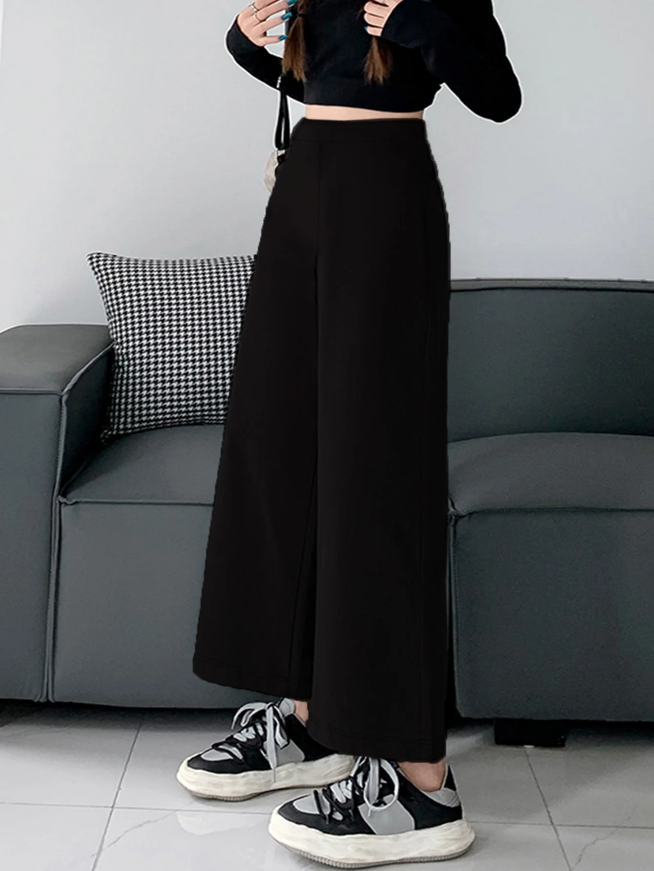 

Женские летние модные свободные брюки больших размеров в британском стиле, однотонные расклешенные брюки