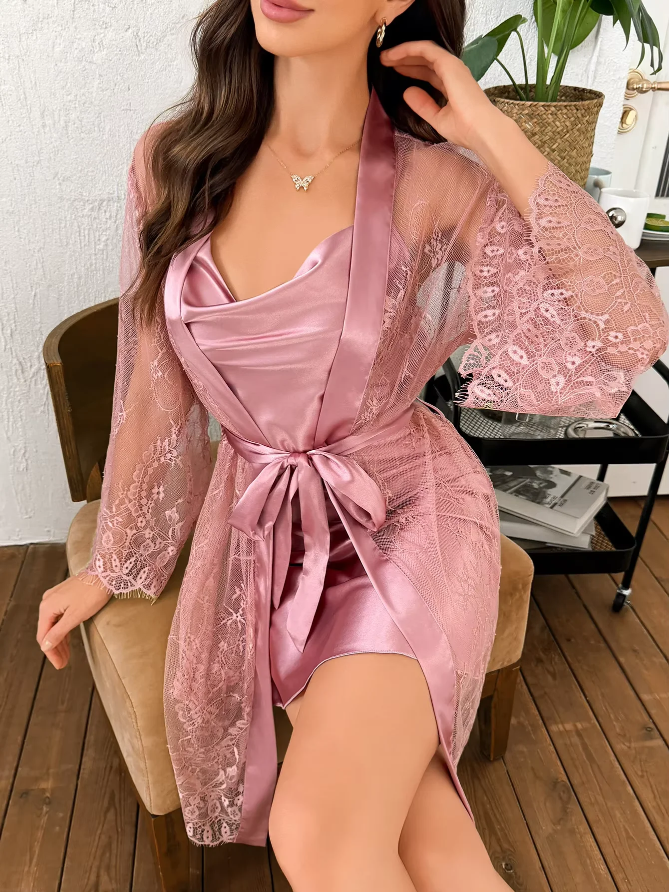 

2026 new Hot Selling Solid Color Polyester Nightgown Lace See Through Robe For Women 2pcs Set