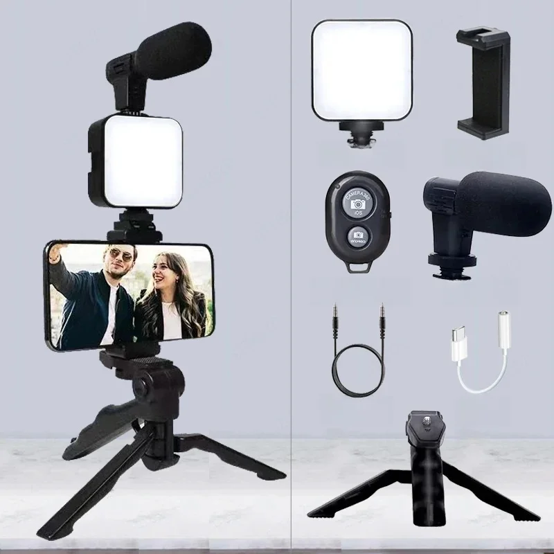 AY49 Smartphone Vlogging Kit Met Statief Telefoonhouder Mini Microfoon LED Invullicht Starter Voor Live Stream Video YouTub - afbeelding 2