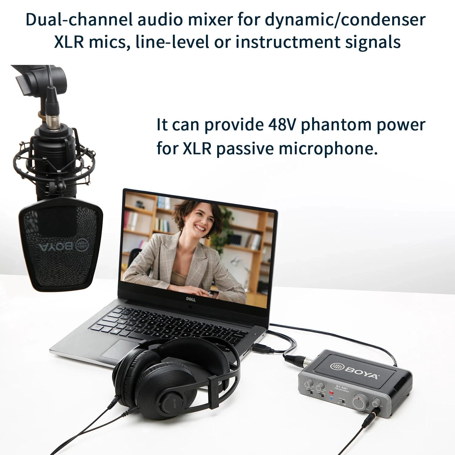 BOYA BY-AM1 Dual-Channel Audio Mixer USB Audio 6.35mm/XLR Combo Inputs 6.35mm Headphone 48V Phantom Power for Audio Recording