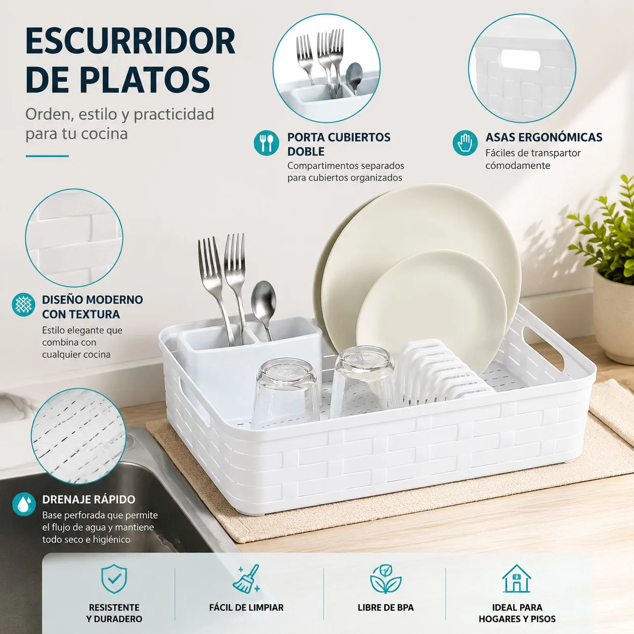 Égouttoir à vaisselle en plastique sans BPA 44x30x10 cm, design texturé imitation rotin avec porte-couverts amovible, double compartiment, base perforée, drainage rapide, poignées ergonomiques pour assiettes, verres, couverts, idéal pour comptoir de cuisine, appartement, camping, léger