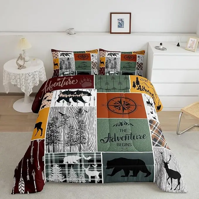 Retro Rustic Lodge Comforter Set - Bear and Deer Themed Bedding with Plaid Check Design, Adventure-Inspired Quilt for Kids, Teen