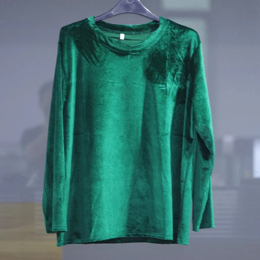 Plus rozmiar wiosna z długim rękawem luźna wczesna jesień T-shirt damski złoty aksamit krótki akapit najniższa koszula nowy modny top — zdjęcie 2