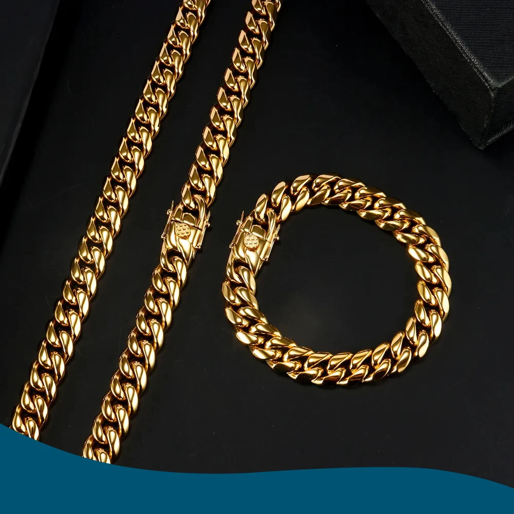 

10mm 18K Gold Plated Men's Stainless Steel Miami Cuban Link Chain Necklace & Bracelet – Size 7.5" to 30" – Secure Locking Clas