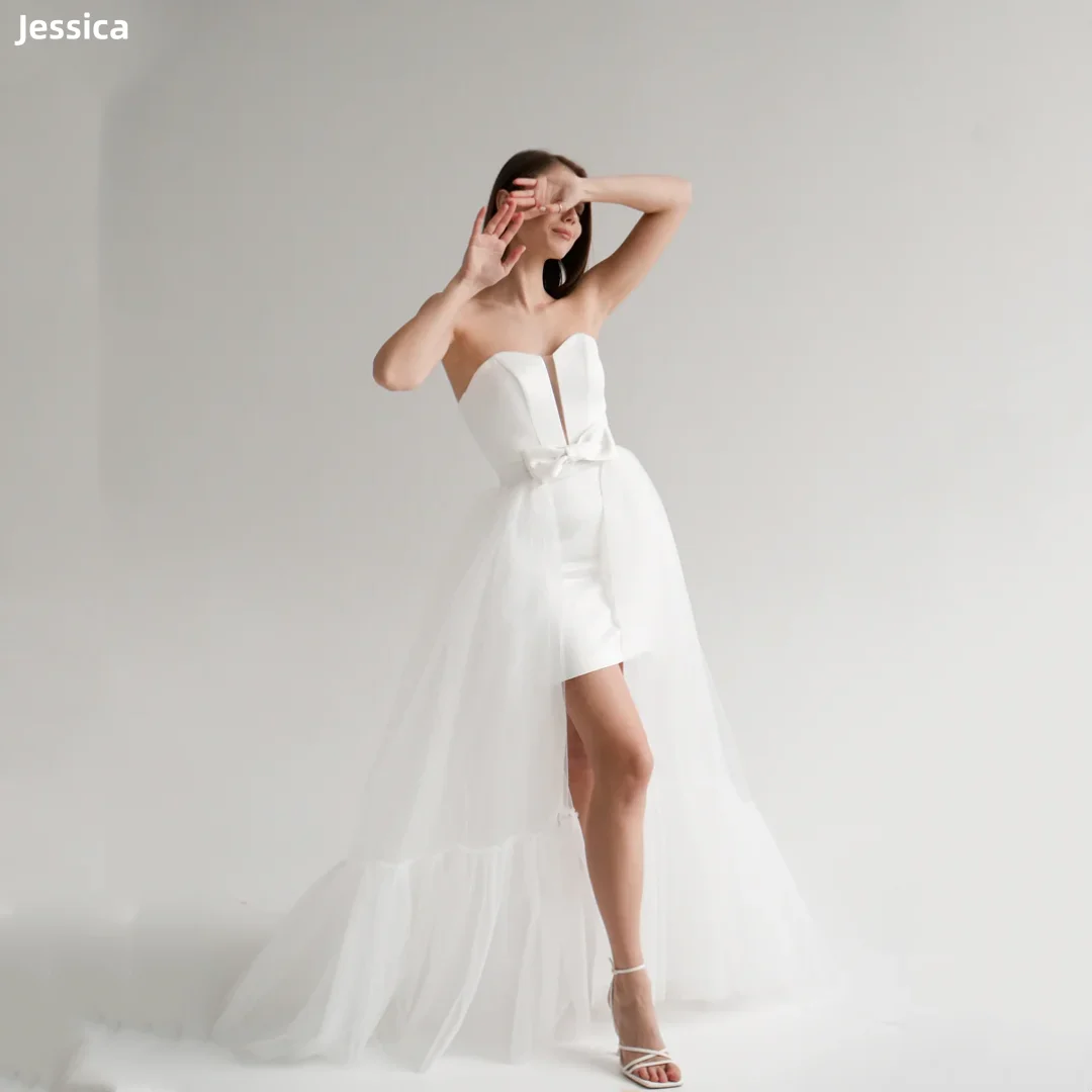 

Jessica White Satin Bow Evening Dresses Gauze Mopping Prom Dresses Off-shoulder A-line Wedding Party Dresses Customized