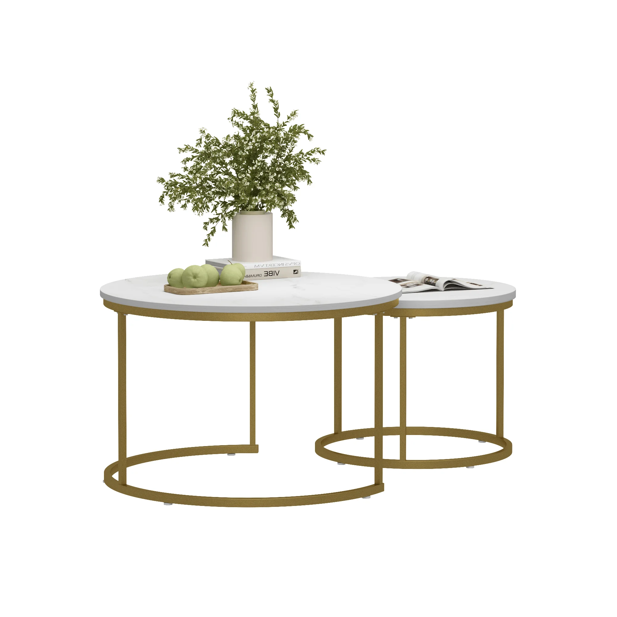 27.6" Round Nesting Coffee Table Set of 2, Marble Pattern Wood Top & Sturdy Metal Frame, Modern Accent Side End Table for Living Room (Black/White)