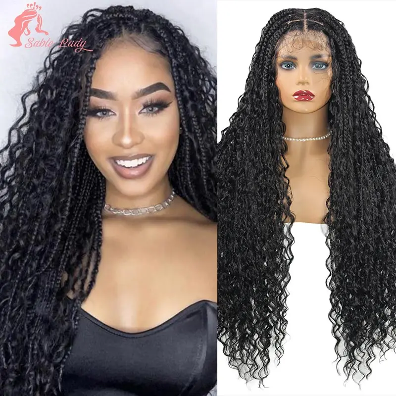 Perruque Synthétique Tressée Style Boho pour Femme, Cheveux Bouclés, avec Dentelle Frontale Complète, Tresse de Déesse Locs, Bordeaux, Style Bohème