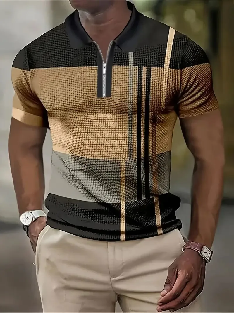 Summer Lapel Men's Polo Shirt,Casual Slim Fit Golf Clothing,Vintage Stripe Print,Work/Sports/Street Plus Size Menswear image 2