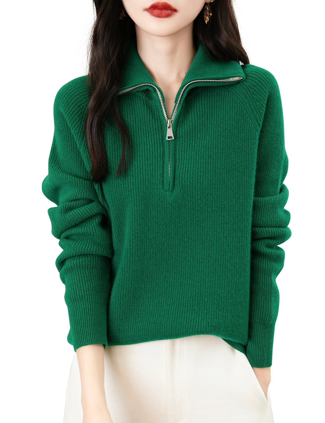 Turtleneck Wool Women's Sweater 100% Merino Wool Fall Winter Zip Pullover Casual Long Sleeve Knitted Sweater Top Female Clothing