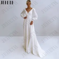 JEHETH Boho Chiffon A-Line Wedding Dresses Full Puff Sleeves Bride Gowns Backless V-Neck Custom Made Back Zipper Robe De Mariée