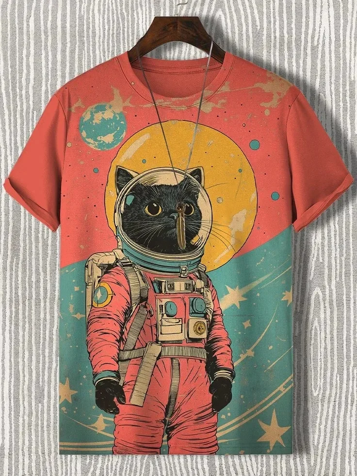 Men's Animal Funny Cat Printed T Shirt Short Sleeve Tees Tops 3D Print O-Neck Shirts Party Summer Casual Men's Clothing Apparel — zdjęcie 2