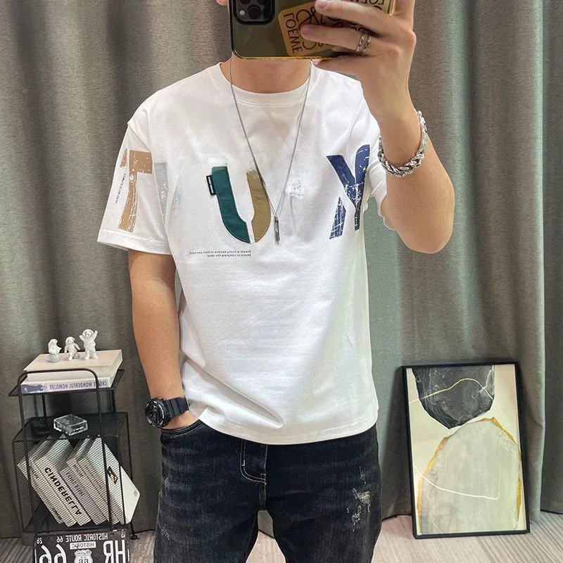 2023 sommer Neue Mode Straße Brief Druck T-Shirts Mann Koreanischen Stil Rundhals Kurzarm Lose Beiläufige Baumwolle Pullover