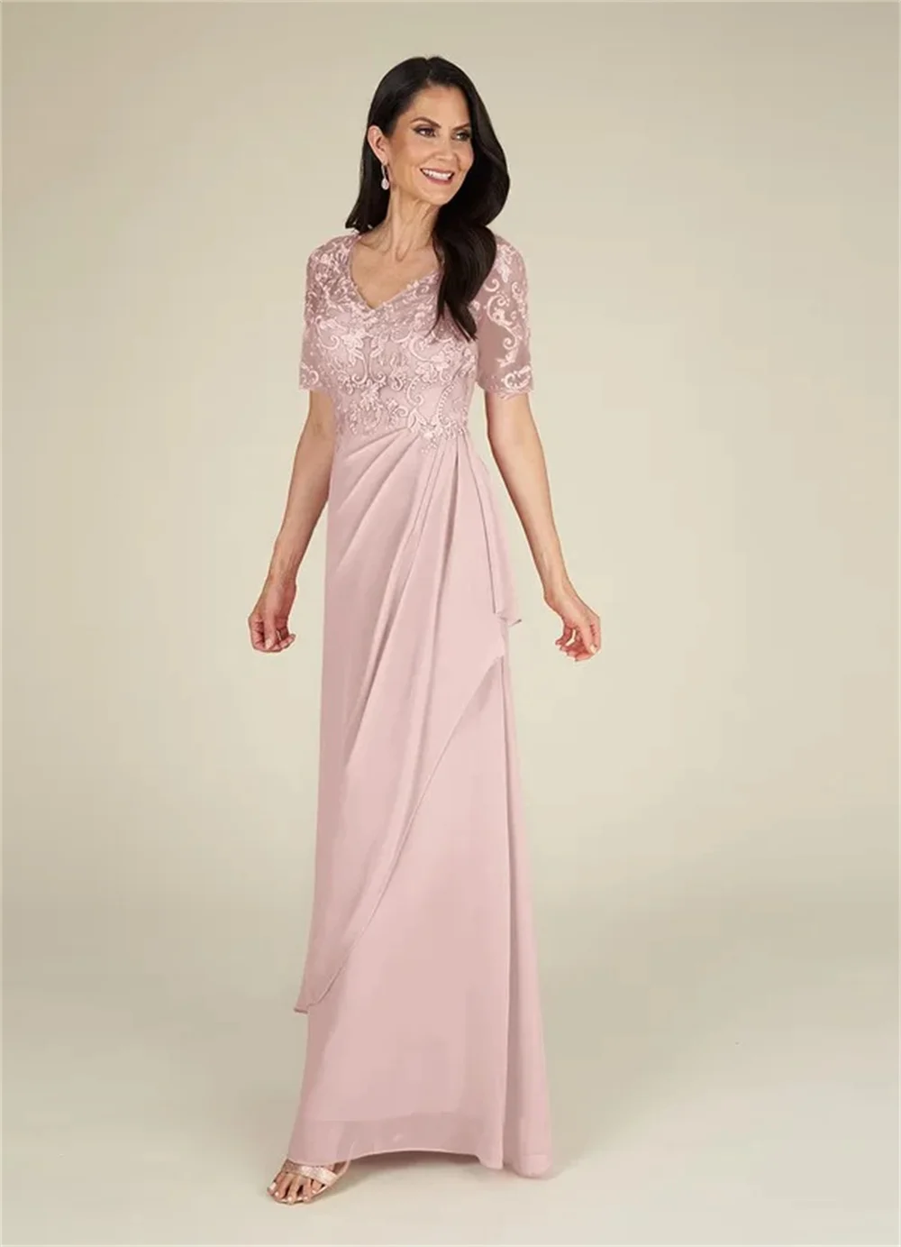 Vkiss 2022 A-Line V-neck Floor-Length Chiffon Mother of the Bride Dress Elegant Lace Tea Length Illusion Wedding Party Gowns