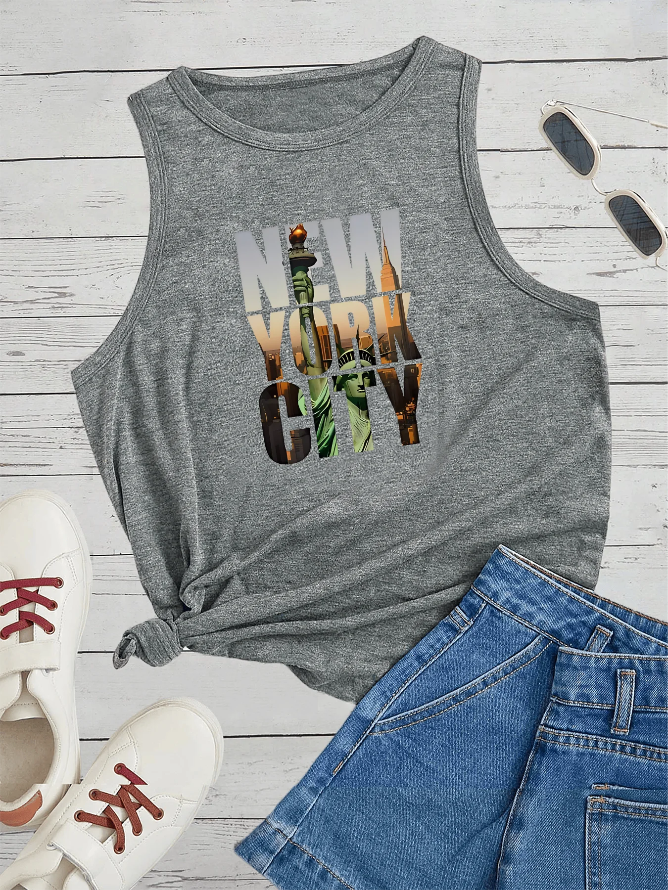 Usa America Statue Of Liberty New York City Fashion Funny Sports Women's Tank Top Loose O Neck Sleeveless Casual Tank