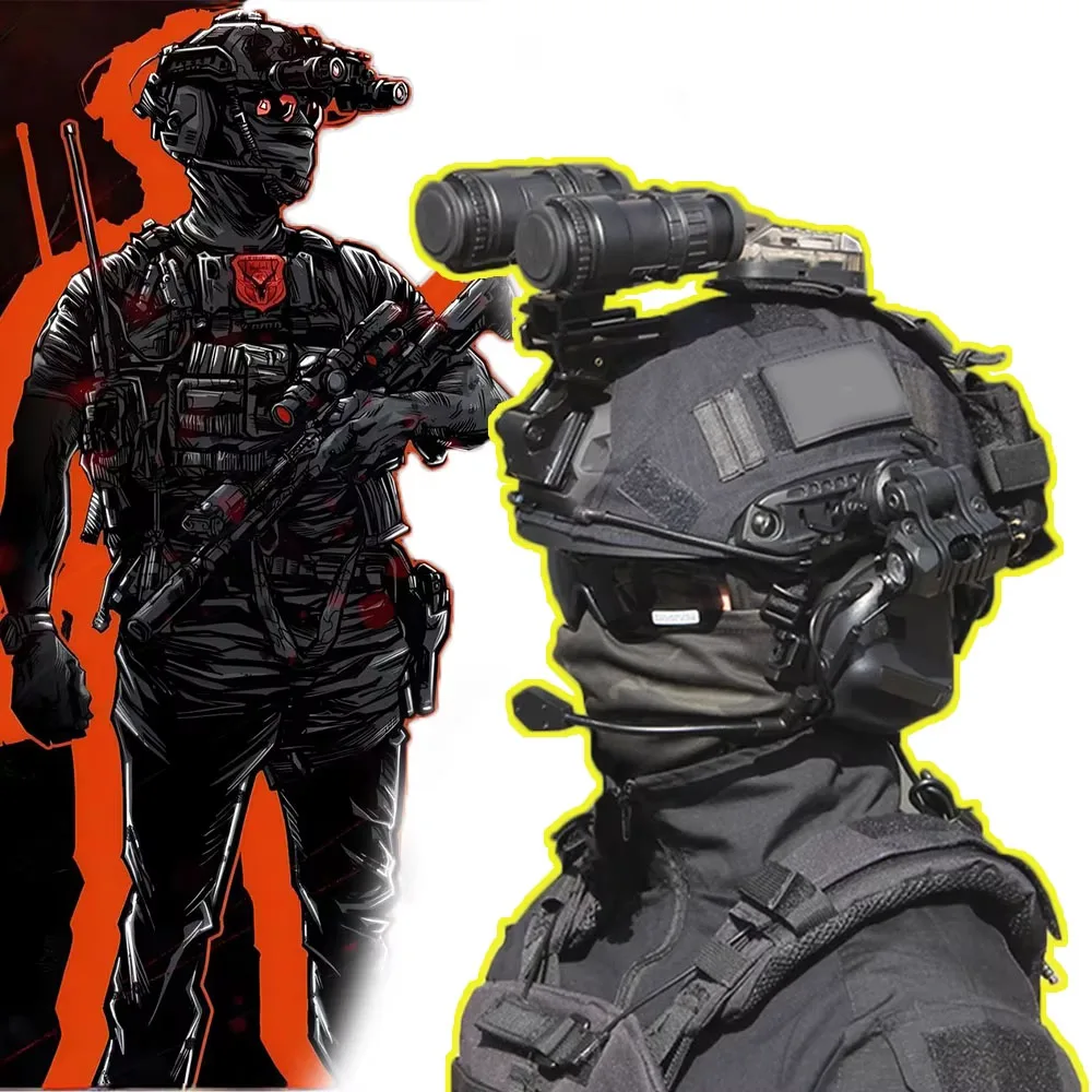 

Black FAST Helmet Set Outdoor Gaming Equipment with Helmet Cover Earphones, with Glasses, Flashlight, Helmet Earphone CS Game