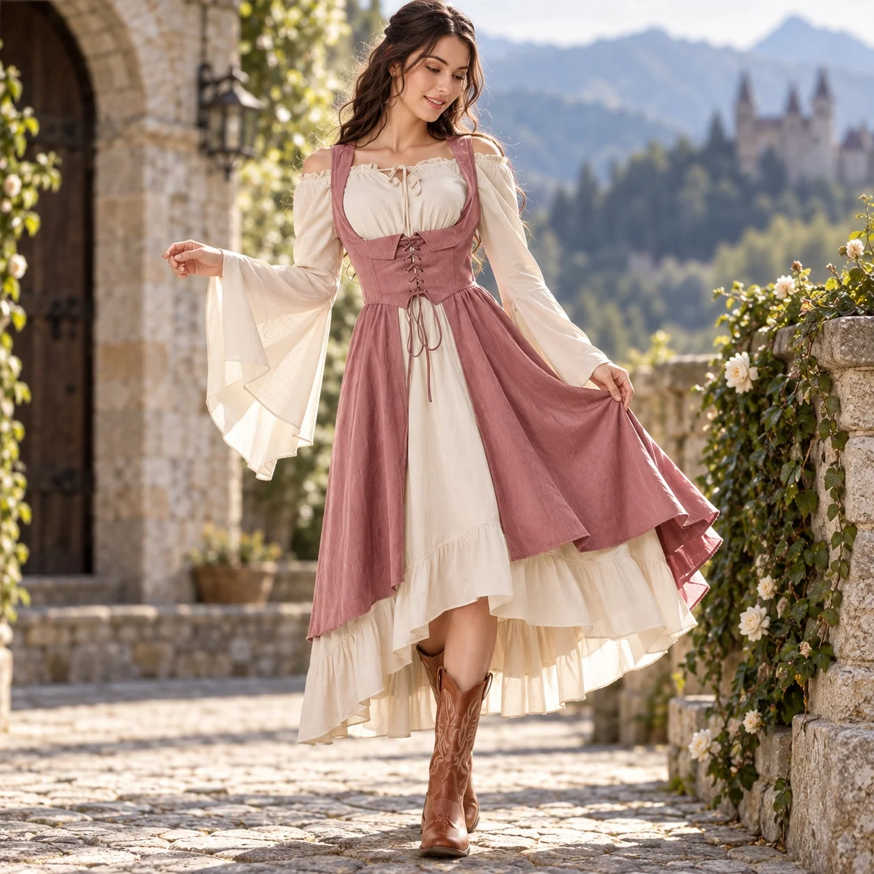 Skirts - 2点セットのラップトップとミッドウエストのロングスカート。半開きのネックラインとハイローヘムが特徴の、レトロな雰囲気のドレス。女性用ルネサンス衣装。