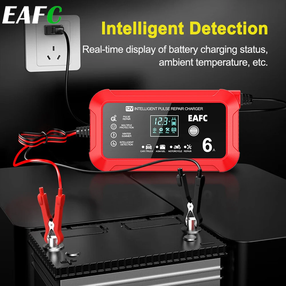 EAFC chargeur de batterie de voiture 6A 12V réparation d'impulsions de voiture dispositif de charge de batterie de moto batterie au plomb réparation intelligente écran LCD