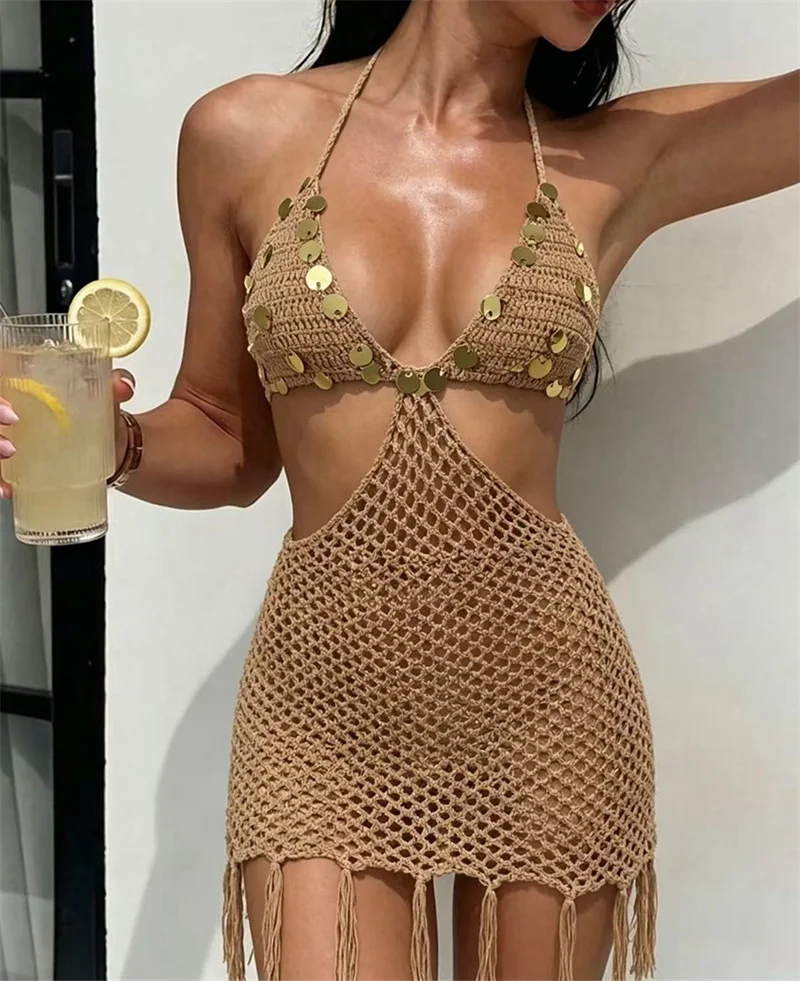 Women‘s Sexy Sleeveless Strap Tassel Sequined Knit Dress Boho Beach Swimsuit Fringe Hollow Out Crochet Bikini Cover-Up Swimwear