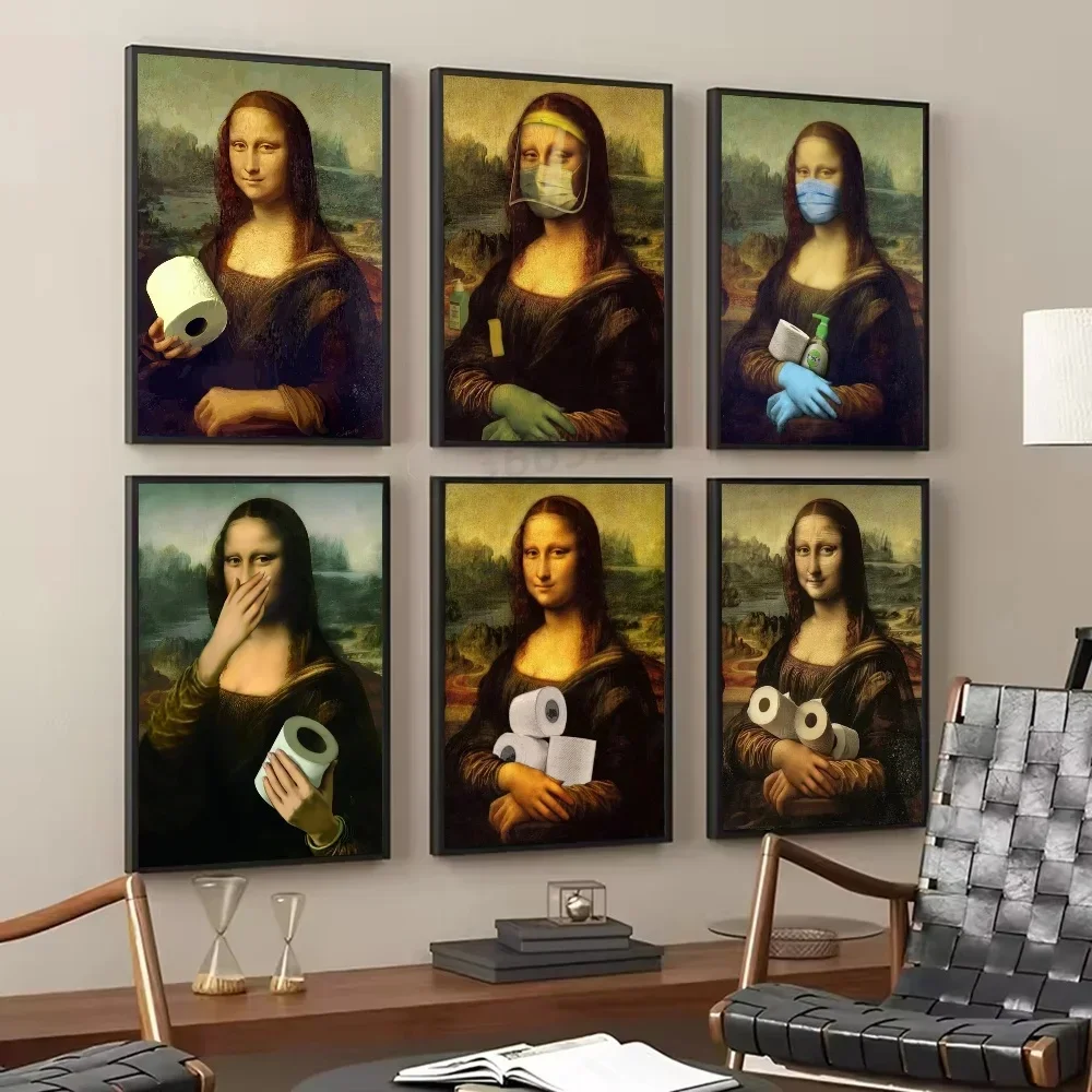 1pc zabawna toaleta Mona Lisa nosząca perły dziewczyna z rolką papierowy plakat samoprzylepna sztuka wodoodporna naklejka papierowa dekoracje ścienne — zdjęcie 2