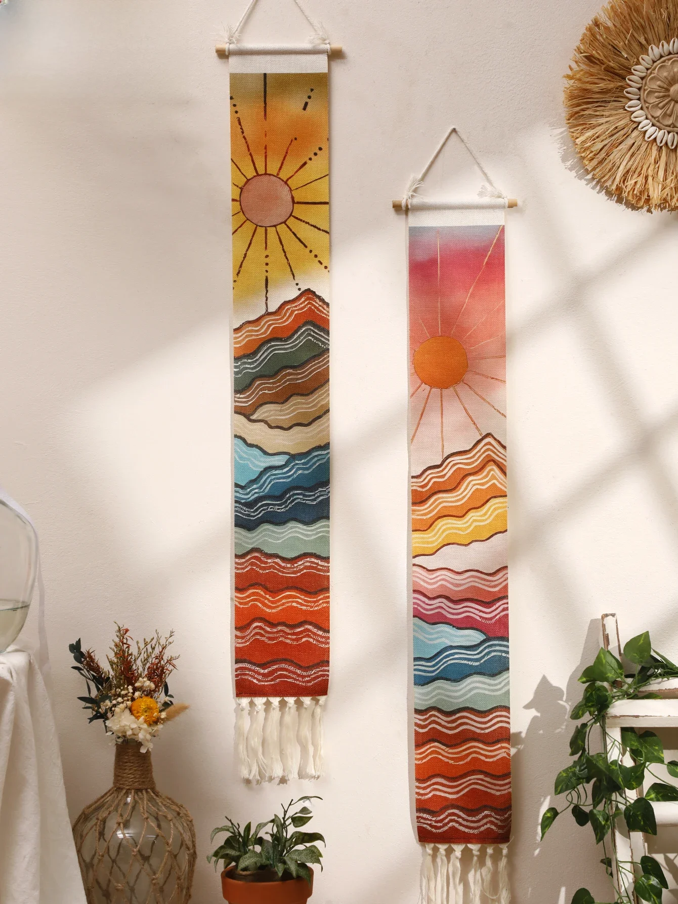 Tapisserie murale en macramé, montagne, lever du soleil et coucher du soleil, décoration de maison Boho, décorations murales suspendues pour salle, décoration murale esthétique