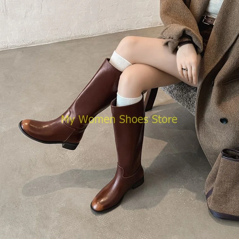 Middle Block Heel Knee High Boots Round Toe Slip On Brown Black Leather Runway 2026 Winter Autumn Women Dress Shoes Hot Sale