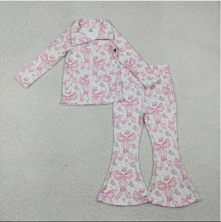 

Pink Girls Flower With Bows GLP2440 Pink Flowers Bows Zipper Top Bell Pants Girls Yoga Clothes Set