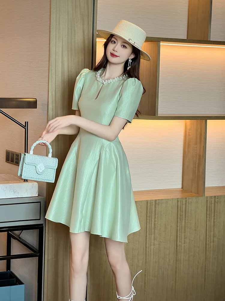

Summer New Women's French Mint Green Waist Dress Slimming Look and Taller Elegant A-Line Skirt