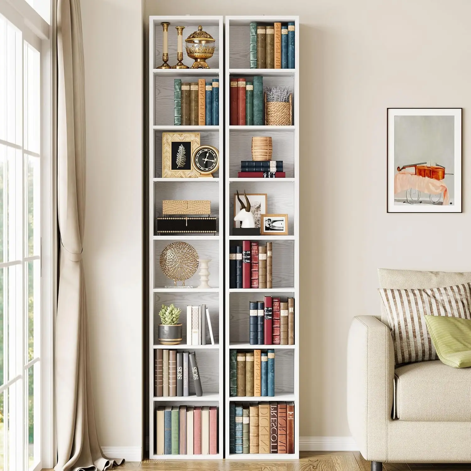 IRONCK Tall Narrow Bookshelf 8 Tiers 71in Set of 2, Compact Corner Bookcase,Easy to Match for Living Room, Bedroom, Home Office