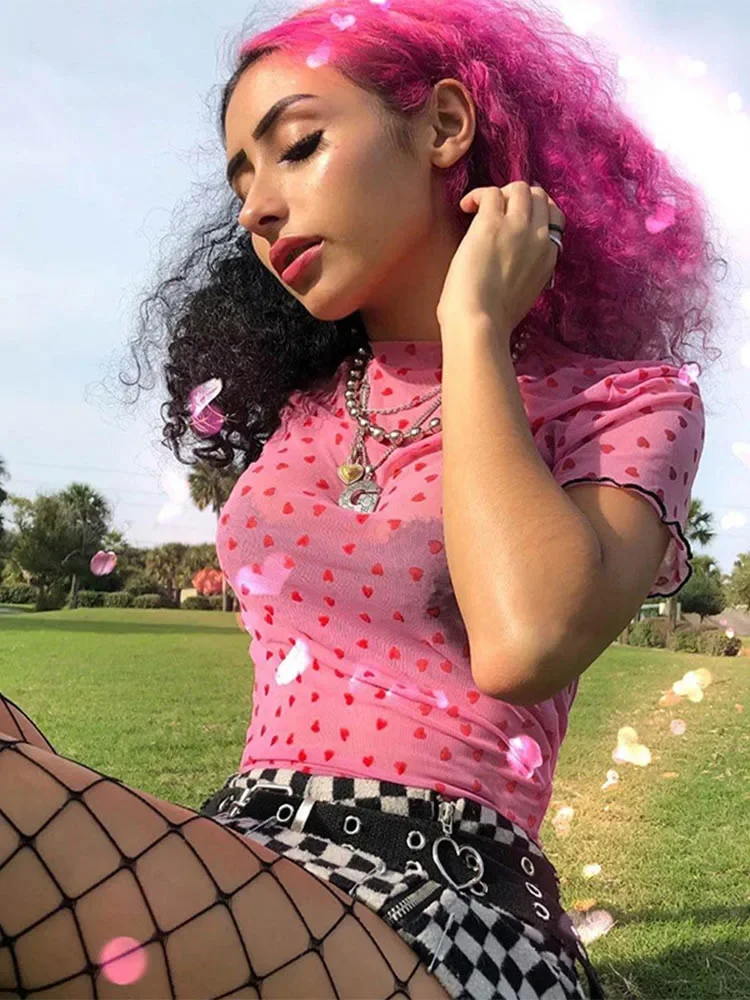 Maille chaude coeur col roulé t dessus de chemise femmes Transparent voir à travers blanc noir élastique maigre culture hauts extensible nouveau