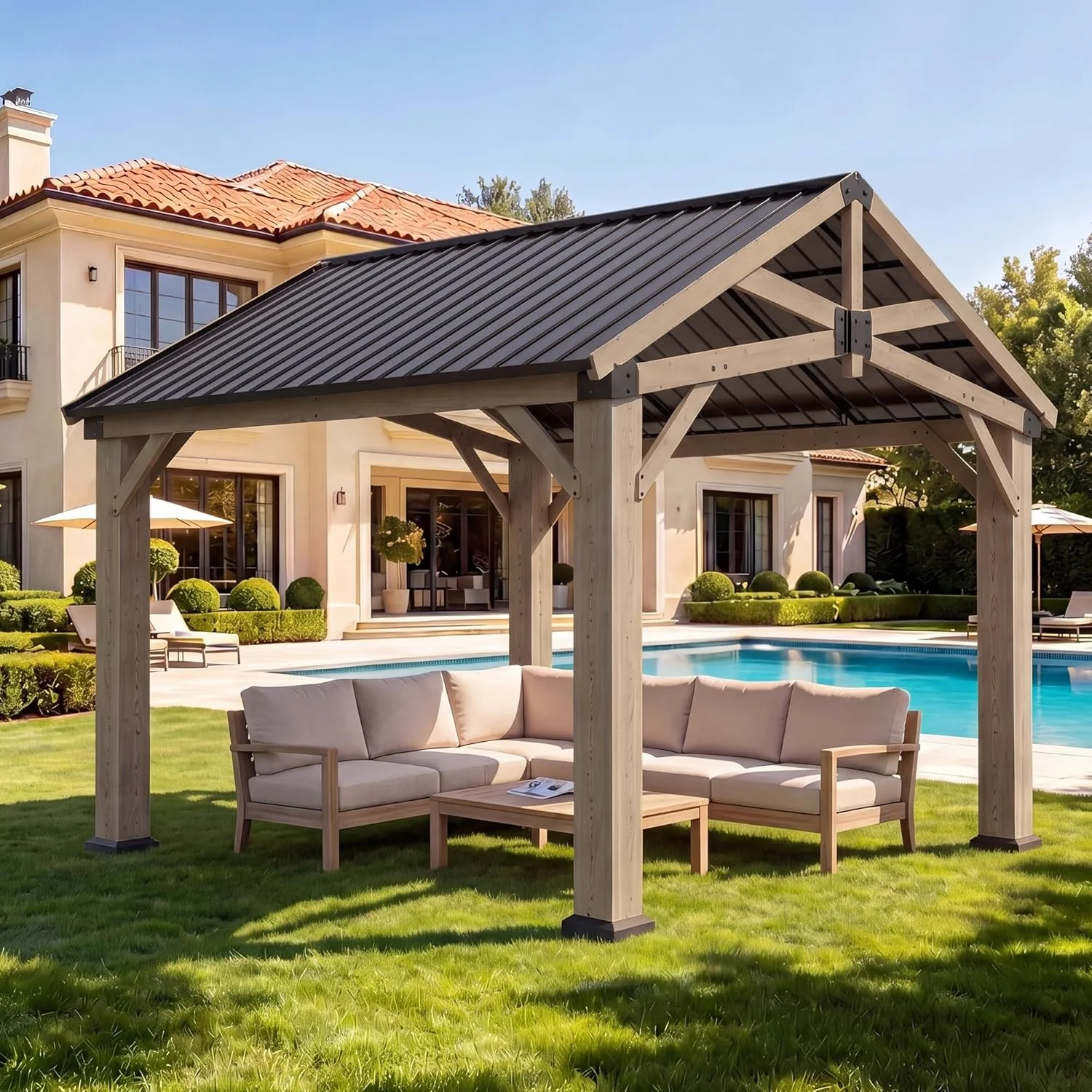 Nordivale 10x10 FT Outdoor Wood Gazebo Hardtop Permanent Wooden Pavilion with Galvanized Steel Gable Roof Cedar Wood for Patio Garden Backyard