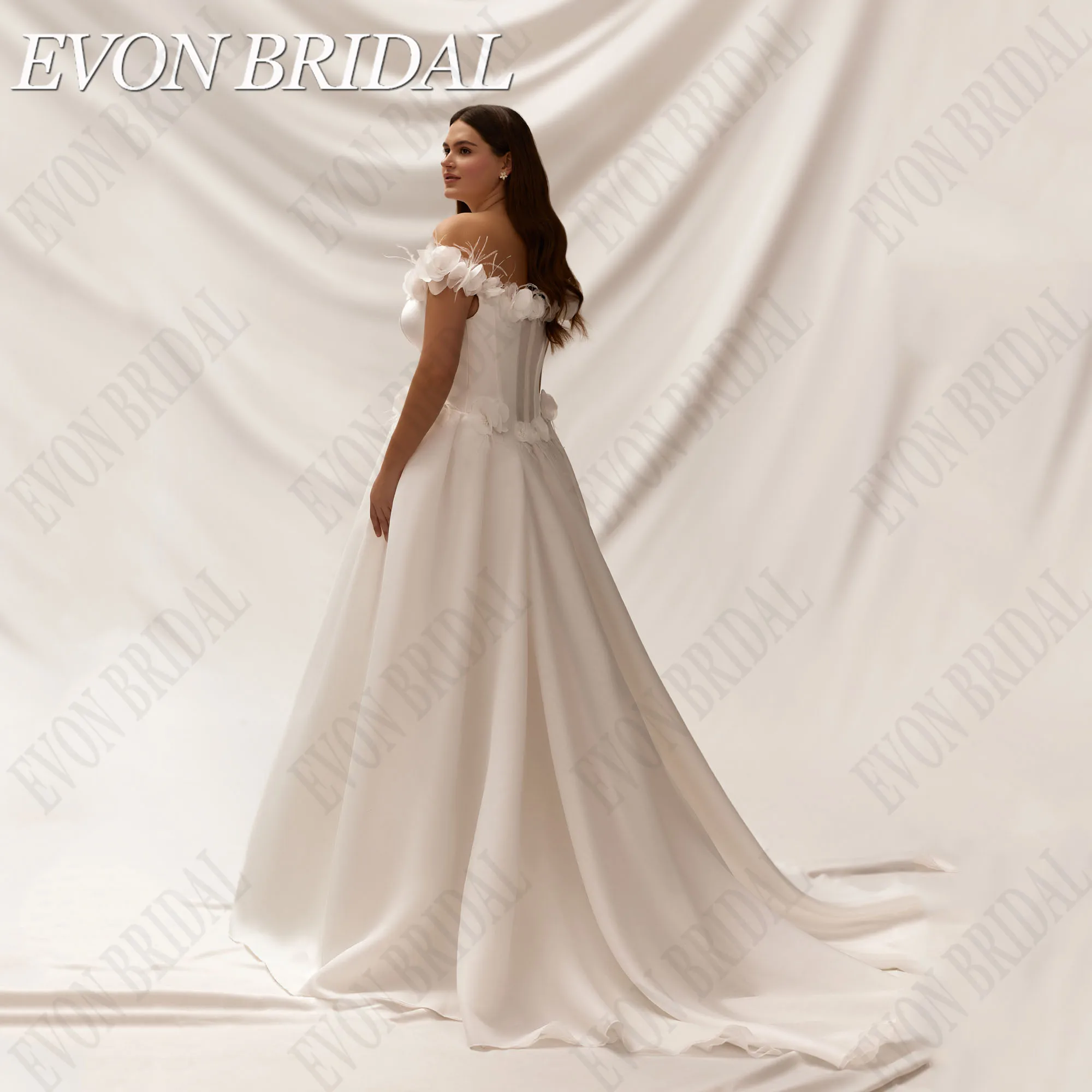 EVON BRIDAL Satin Plus Size Wedding Dress Women Off Shoulder Flowers Detachable Sleeves Tailor-Made Bride Gowns Robe De Mariée