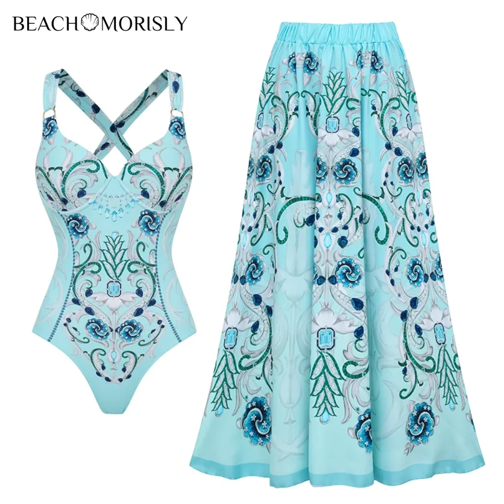 2024 New Women Blue Jewelry Series  Printed One Piece Swimsuit Set Swimwear Bathing Suit Bikini Monokini  tankini Beach dress