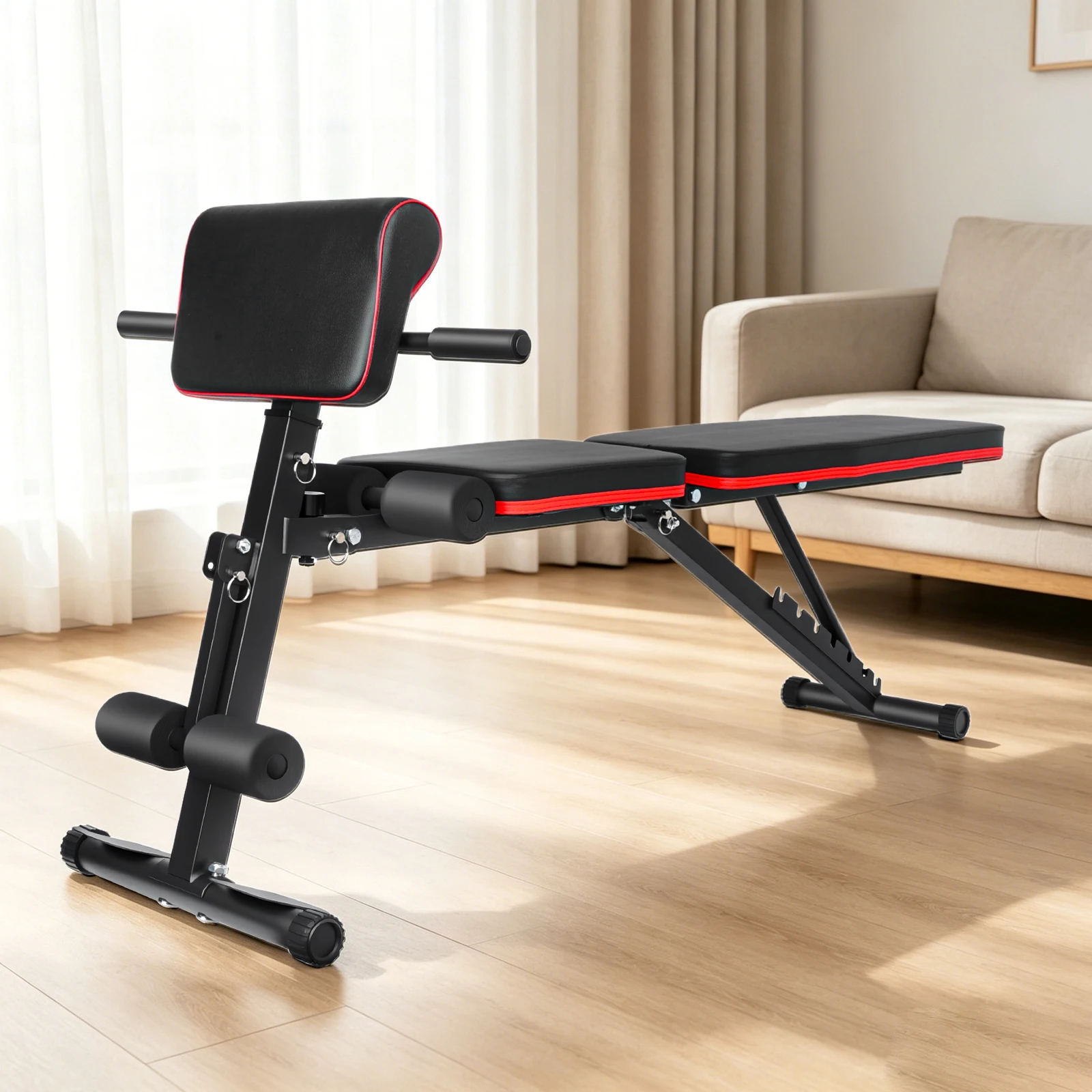 6-in-1 faltbare, multifunktionale Hantelbank mit 7-fach verstellbarer Rückenlehne, Gewichtheberliege für Ganzkörper-Workouts, Tragkraft 200 kg